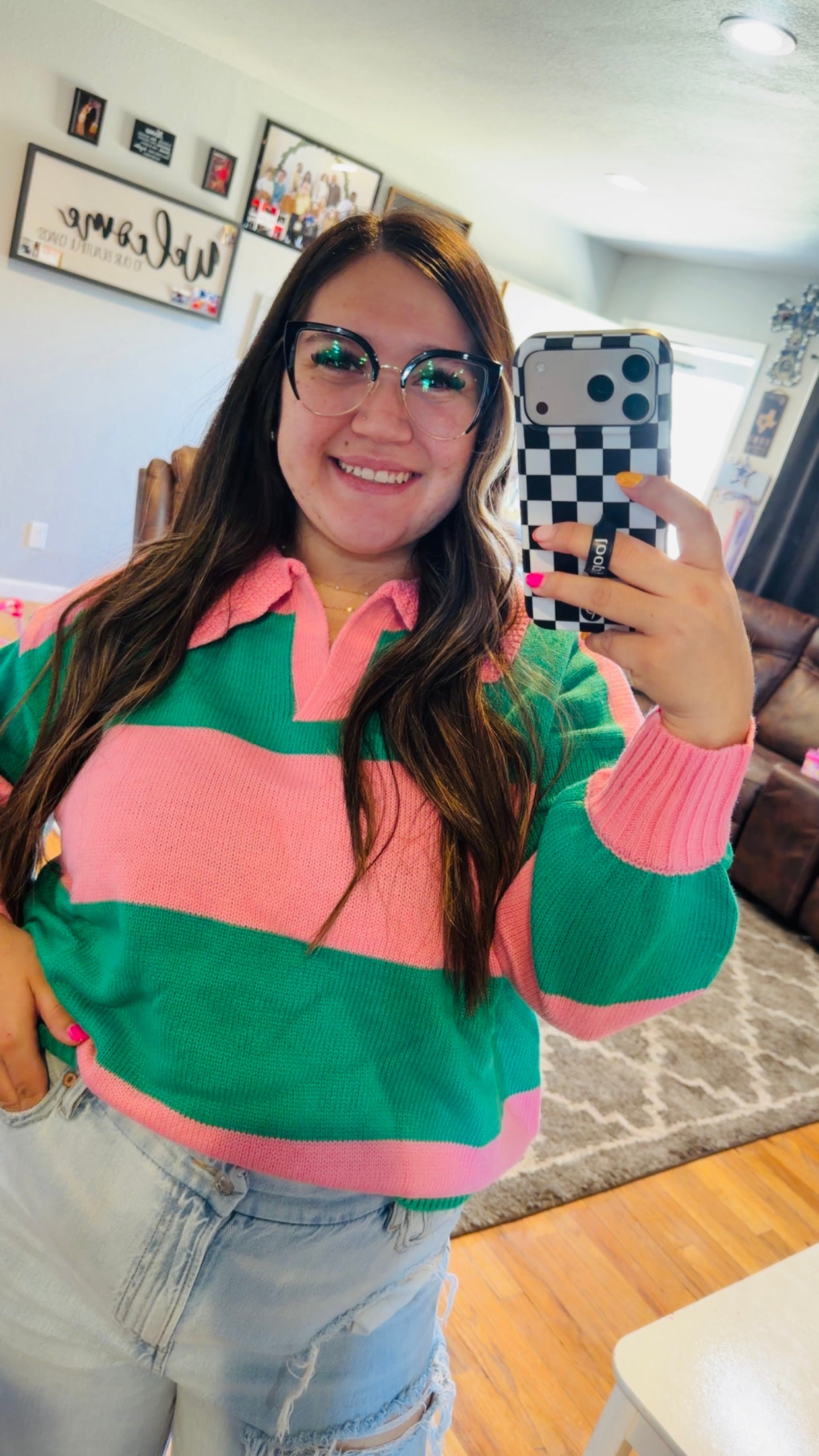 Pink/Green Collared V-Neck Sweater