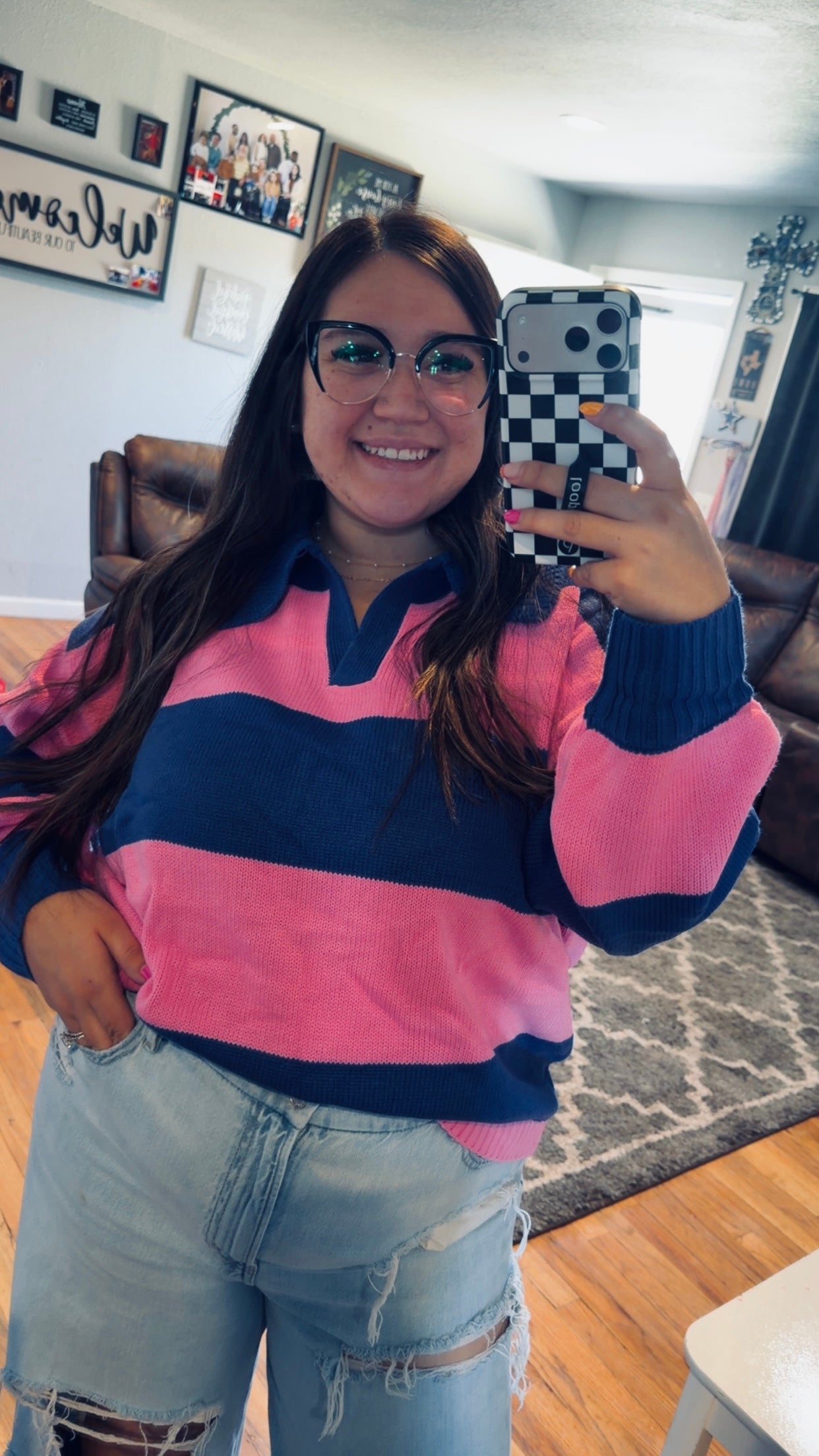 Pink/Blue Collared V-Neck Sweater